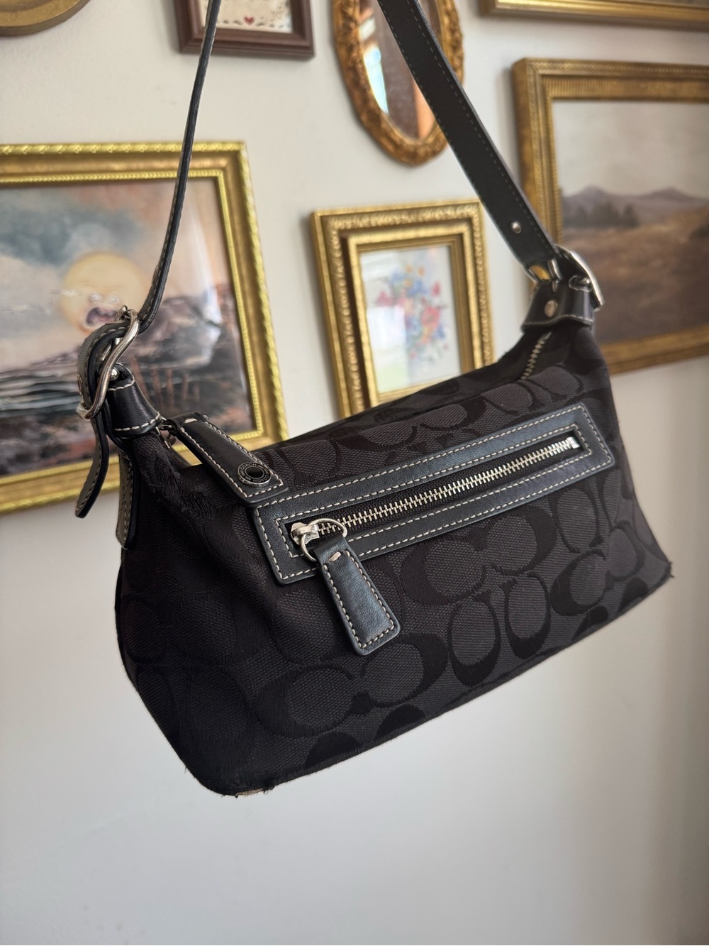 Vintage Coach Soft Signature Demi Black Jacquard Shoulder Bag #6044 Y2K - Picture 3 of 11